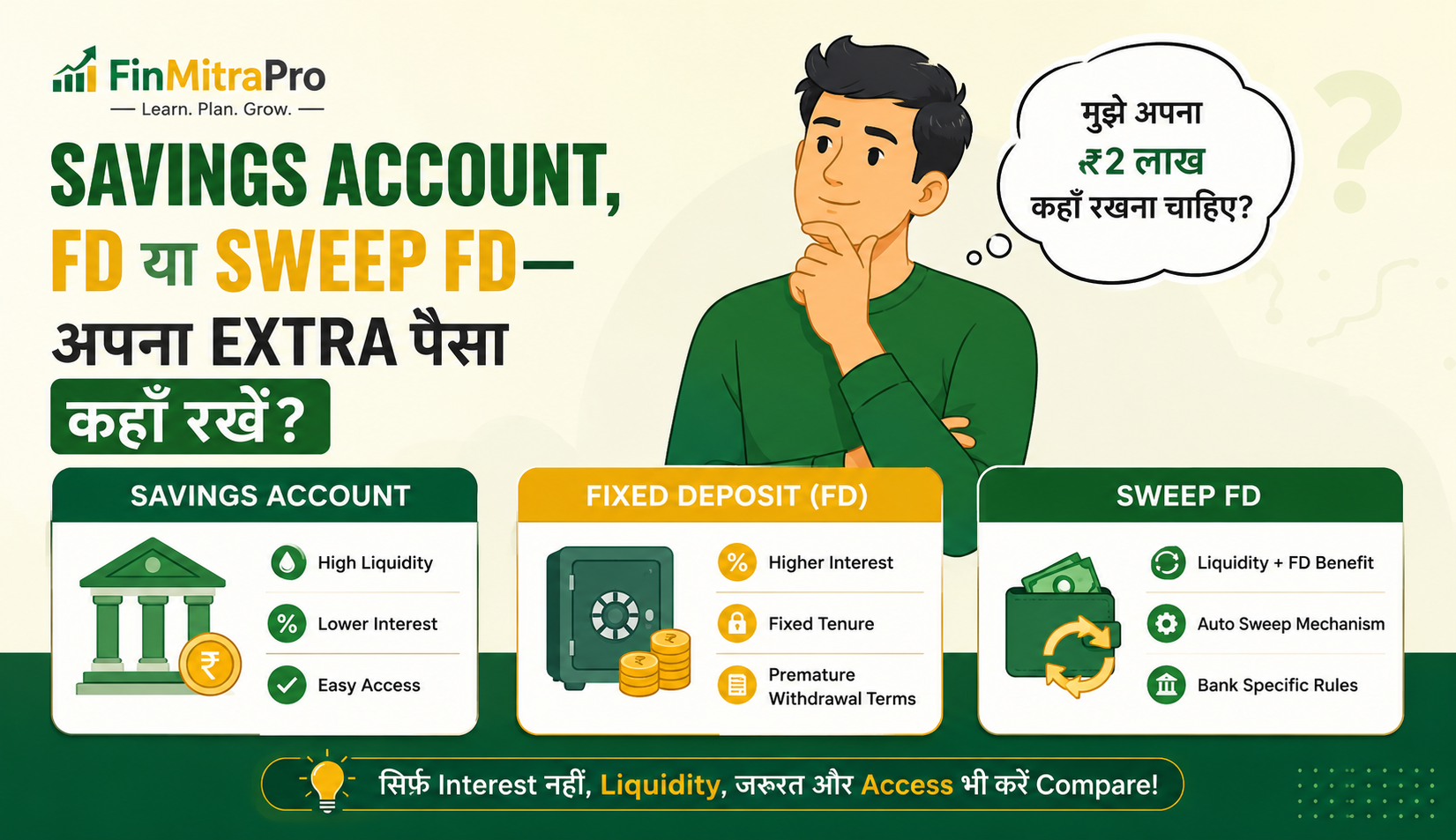 Savings Account, FD या Sweep FD—अपना Extra पैसा कहाँ रखें?