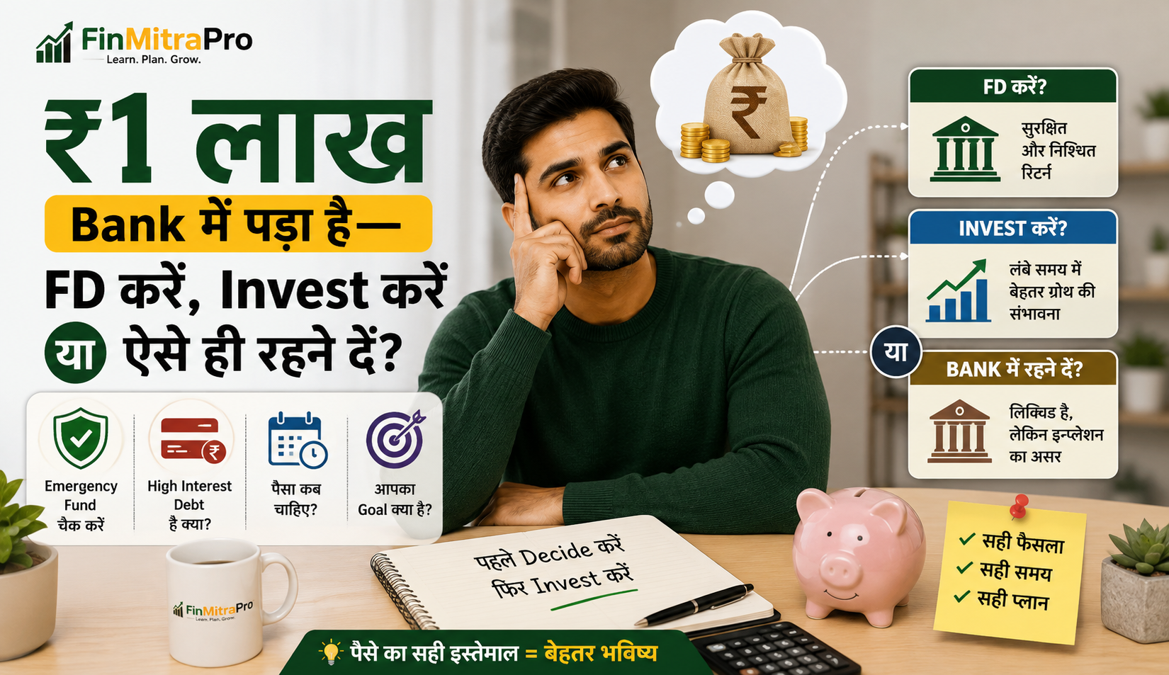 ₹1 लाख Bank में पड़ा है—FD करें, Invest करें या ऐसे ही रहने दें?